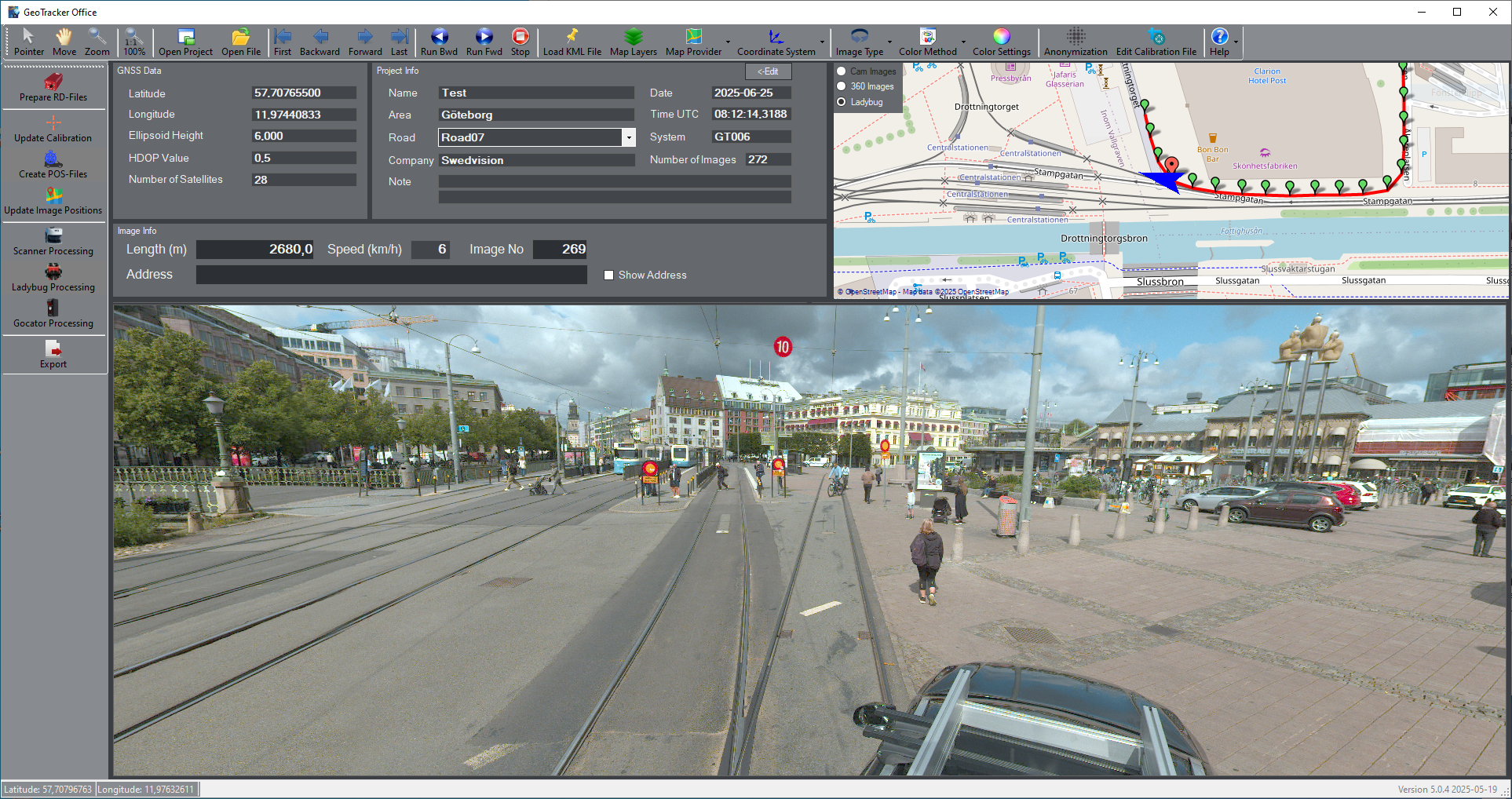 GeoTracker Office är efterbearbetningsverktyget för att ta fram 360 bilder och transformera punktmoln till världskoordinater i LAS-format.